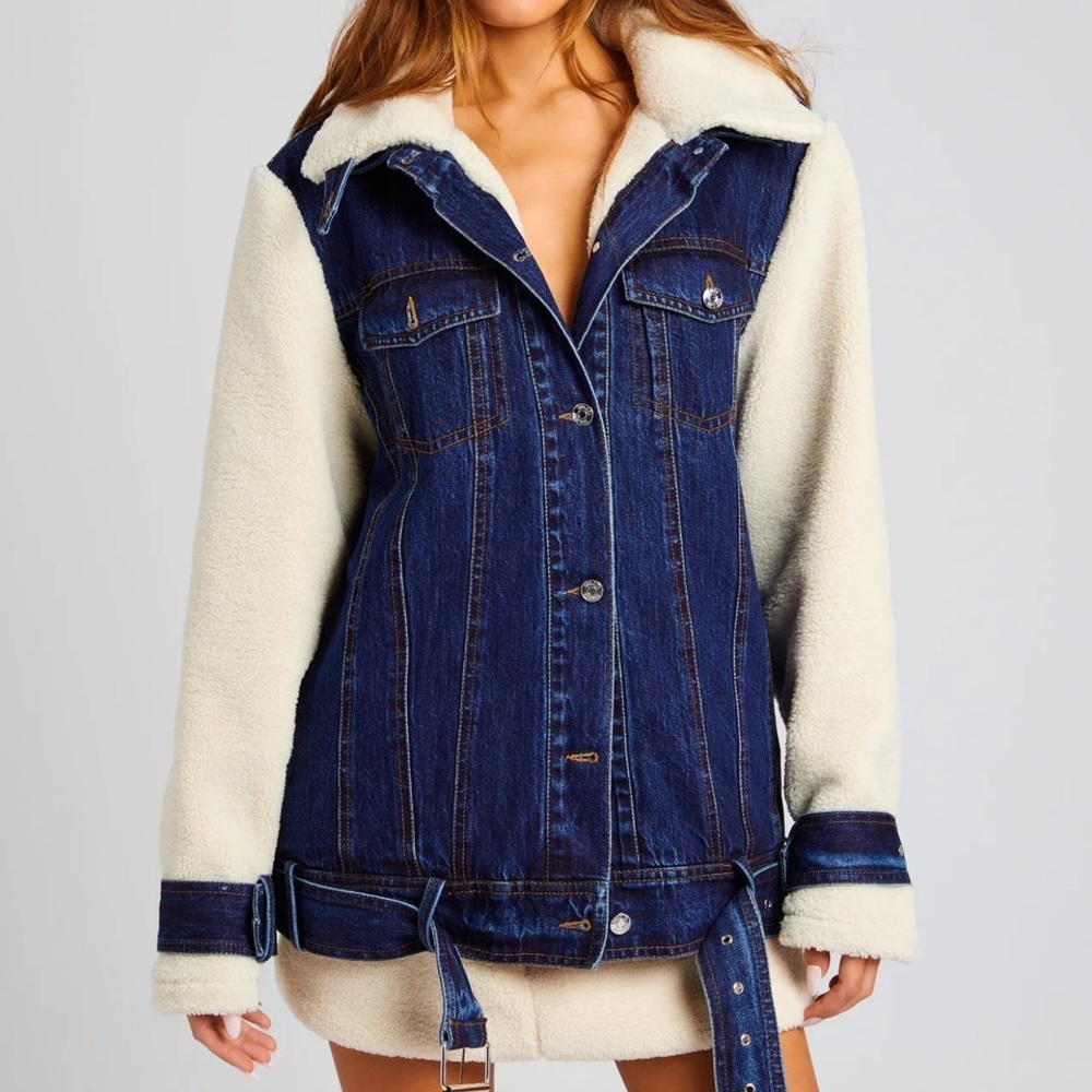 Seroya Mink Teddy Denim Jacket Women’s S/M Belted Winter Lined Oversized Jean